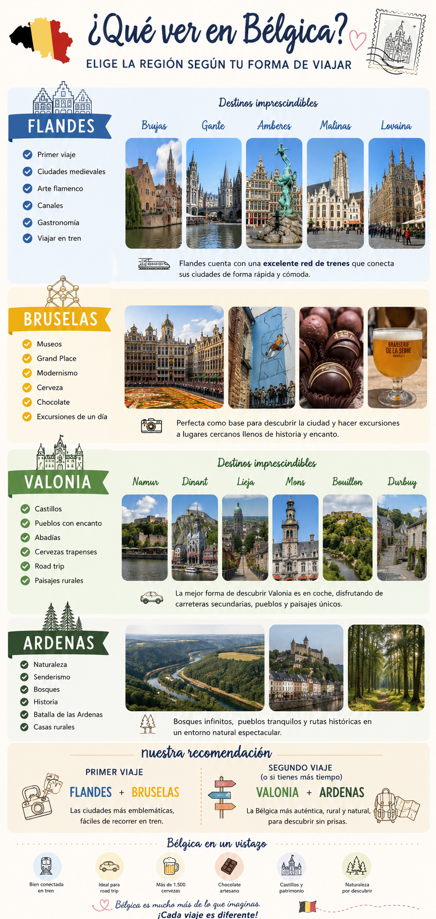 Infografía para organizar un viaje por Bélgica con las principales regiones: Flandes, Bruselas, Valonia y las Ardenas.