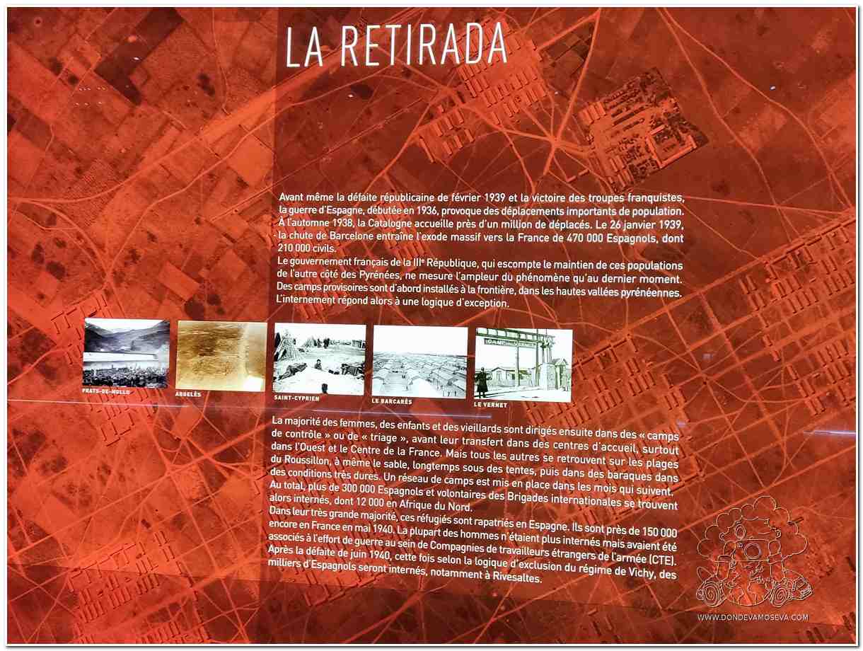 Panel informativo que explica el éxodo de la Retirada tras la caída de Barcelona en enero de 1939.