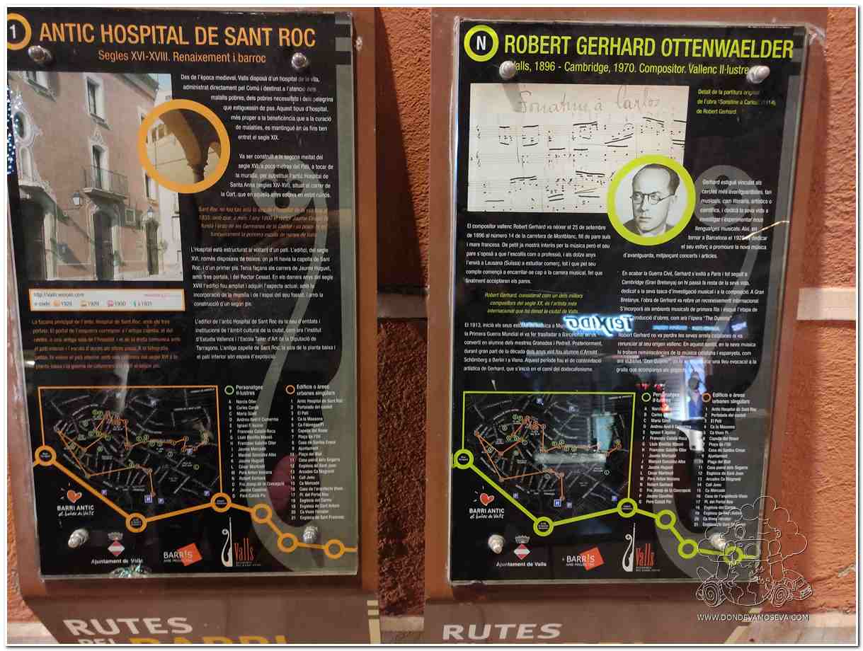 Paneles de las rutas históricas y literarias de Valls que muestran la riqueza patrimonial de la ciudad