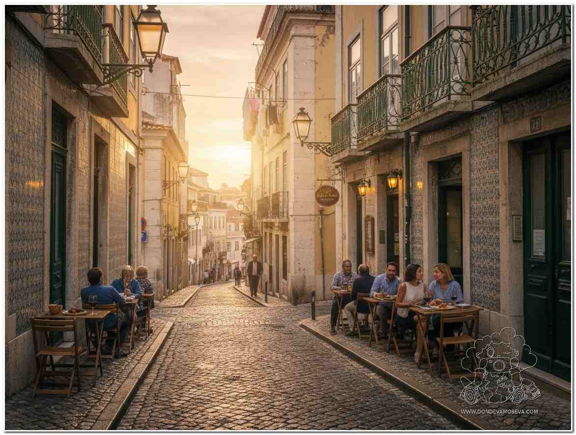 Calle empedrada al anochecer en Lisboa con reflejos dorados y faroles antiguos.