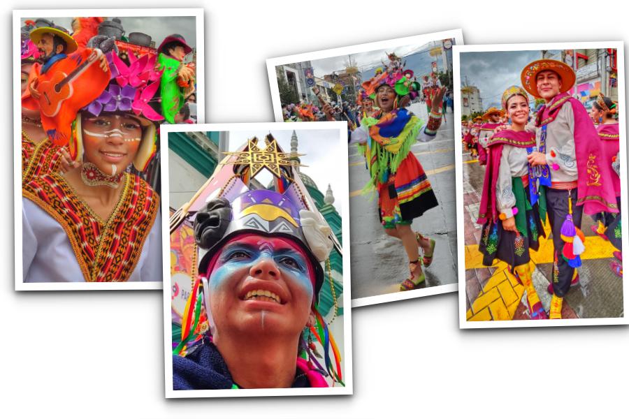 Danzantes andinos con trajes monumentales Grupo de danza con máscaras tradicionales en el desfile Canto a La Tierra