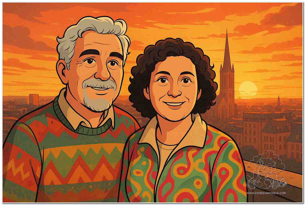 Ilustración tipo cómic generada por IA de Donde Vamos Eva en un viaje por Europa, realizada con una herramienta de texto a imagen.