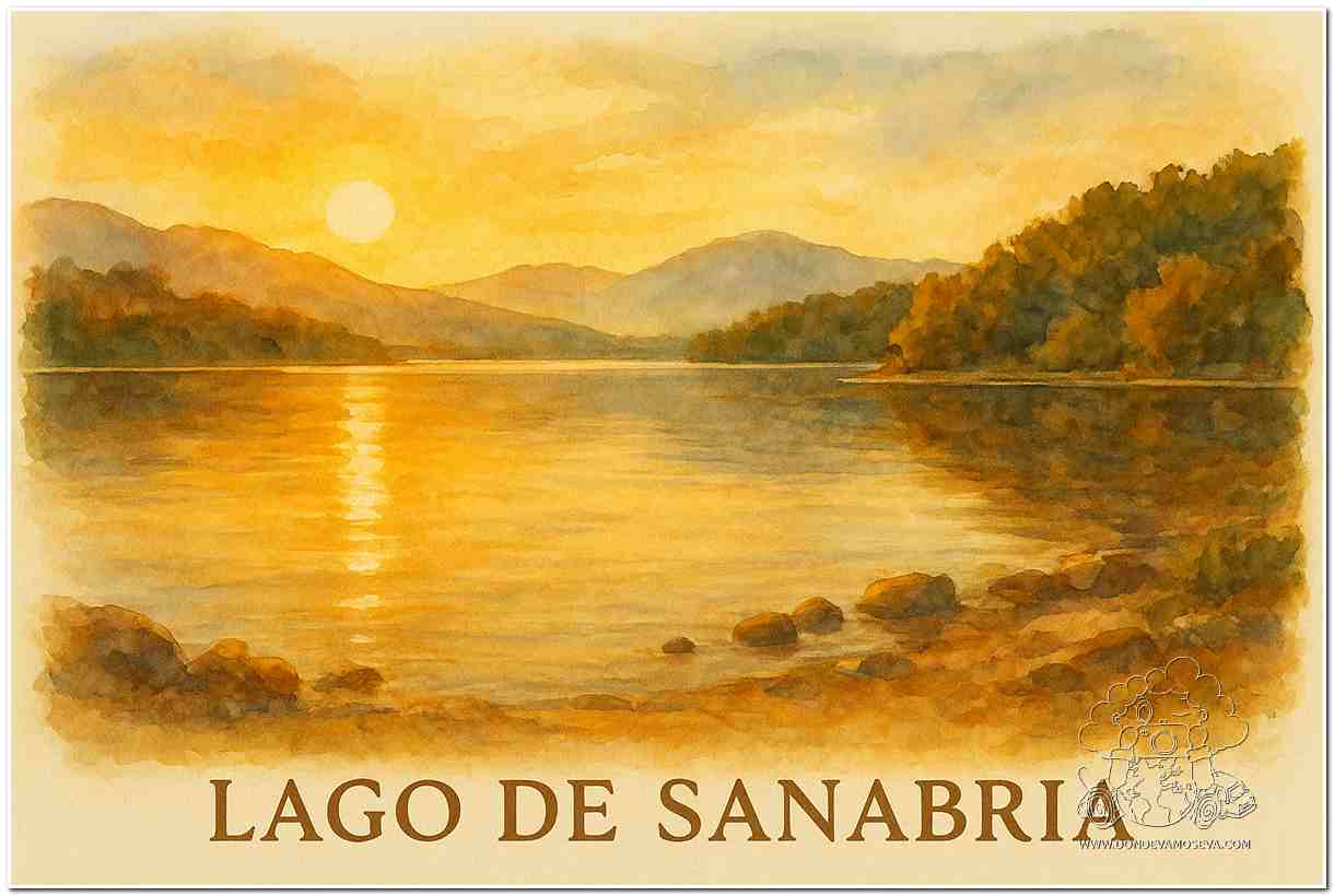 Lago de montaña al amanecer, con reflejos en calma.
