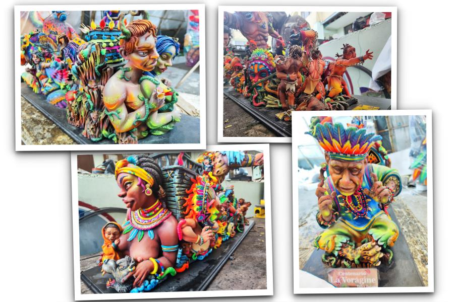 Collage con diferentes prototipos de carrozas y esculturas en proceso del Carnaval de Pasto