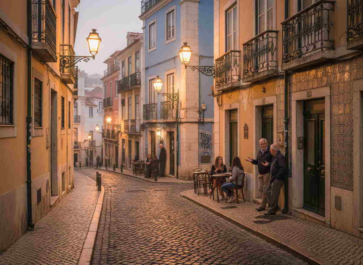Imagen evocadora generada por IA de un viajero observando una ciudad al atardecer, tonos cálidos, mezcla de realidad y arte digital.