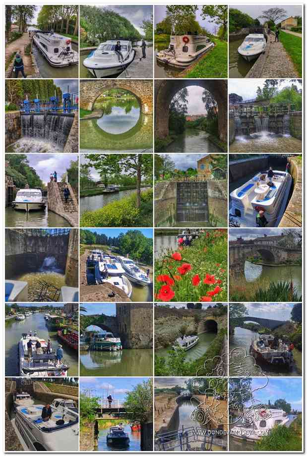 Collage de diferentes esclusas del Canal de Midi en su primer tramo de navegación