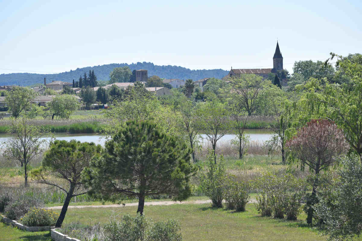 Puerto de Homps en el Canal du Midi con embarcaciones de recreo e iglesia al fondo